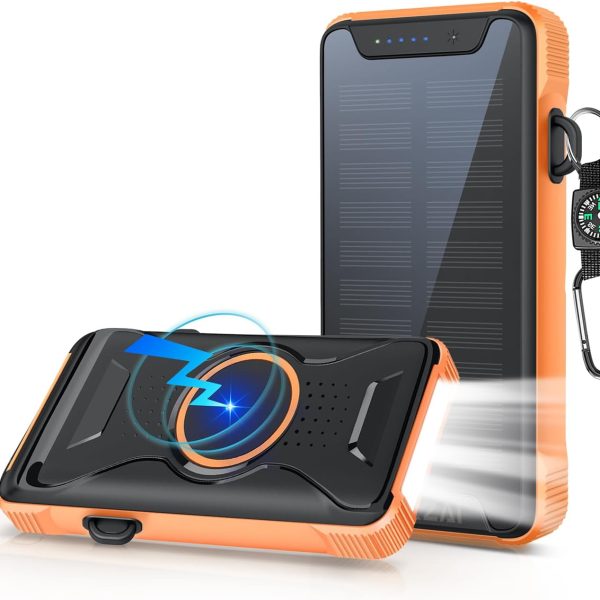 Solar Power Bank, Real Rated 10,000mAh Portable Wireless Fast Charger USB-C PD 20W, External Battery Pack with LED Flashlight for Outdoor, Camping -Orange