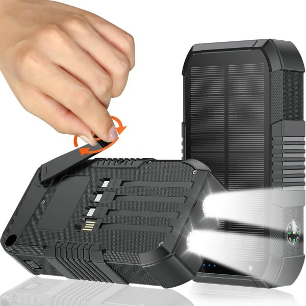 Solar Power Bank 66800mAh Built in Hand Crank and 4 Cables 22.5W Fast Charge Power Bank 5 Outputs & 3 Inputs Solar Portable Charger, Compass/SOS/Strobe/Strong Flashlights, Carabiner，Black
